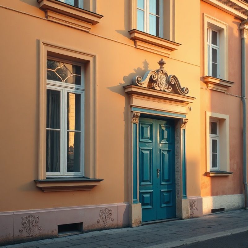 Fasáda klasického brněnského domu s azurovými detaily v ranním světle